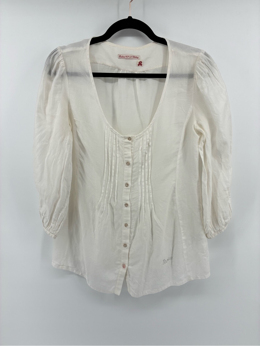 Replay Silk Blend Peasant Sheer Pintuck Button-Front Blouse